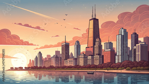 Flat minimal cartoon of Chicago skyline at sunset, tall buildings reflecting orange light over Lake Michigan.