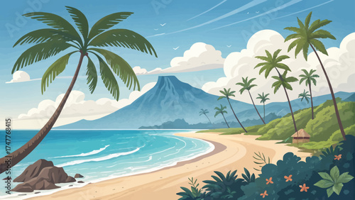 Flat minimal cartoon of tropical beach in Maui with palm trees, blue ocean, and volcano in background.
