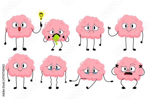 Sad tired burnout depression brain cartoon character set. Brain with depression, burnout, serotonin, antidepressants, vomiting, nausea. Stock vector illustration isolated on white background.