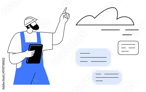 Worker in helmet and overalls holding tablet, analyzing cloud-based data and pointing to sky. Ideal for concepts thumbs up technology, innovation, data management, cloud storage, safety, industrial