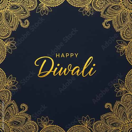 Ornate Golden Paisley Border Frames Happy Diwali Greeting on Navy new.design creative 4k hd