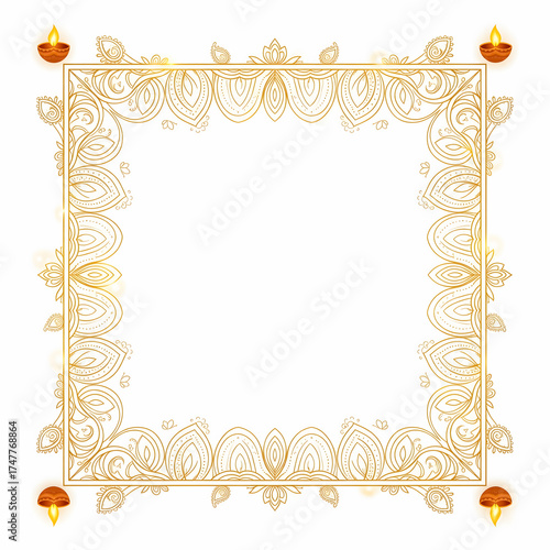 Square golden Diwali border with four illuminated oil lamps frame ornate new.design creative 4k hd