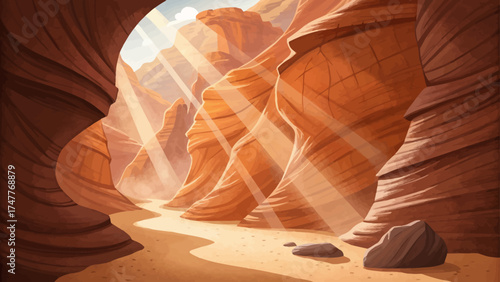 Flat minimal cartoon of Antelope Canyon with curved sandstone walls, glowing orange light beams, and soft desert shadows.