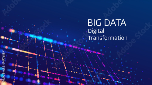 Abstract background for Big Data and Digital Transformation. Glowing lines and dots symbolize data analysis, global network, AI, and futuristic technology for modern business concepts. eps 10