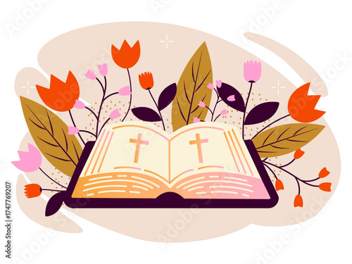 Opened Bible with flowers and plants around. Flat vector illustration on isolated white background