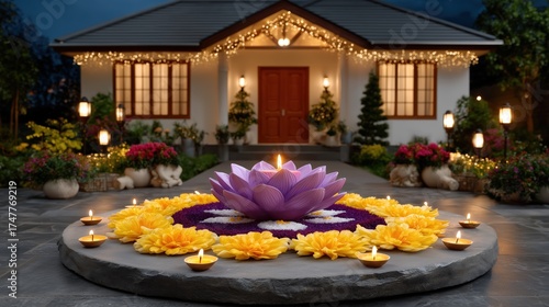 Festive Diwali decoration with lotus diya and marigolds outside house new.design creative 4k hd