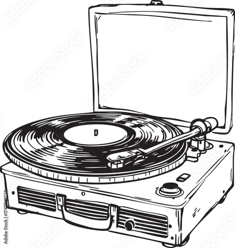 Vintage record player vector—portable turntable with vinyl, stylus, knobs, and open lid in black-and-white sketch style