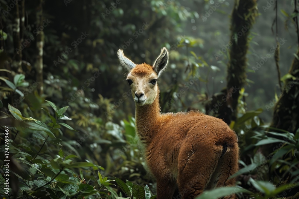 Fototapeta premium Young vicuna observing the surroundings in a foggy rainforest in the andes