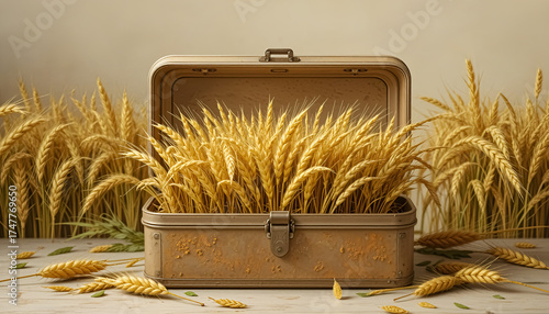 ai generator Image of an open food storage box containing golden wheat lying on the floor suitable for design work