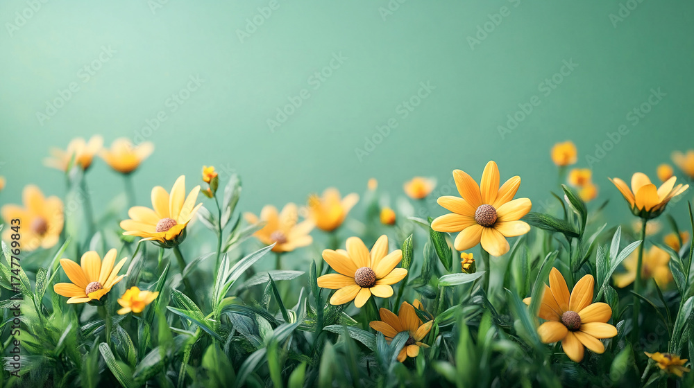Obraz premium Minimal Flat Lay — Green Grass and Yellow Flowers on a Light Green Background, Top-Down View with Ample Copy Space