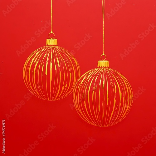 Golden Ornaments Hanging on a Red Background for Festive Decoration