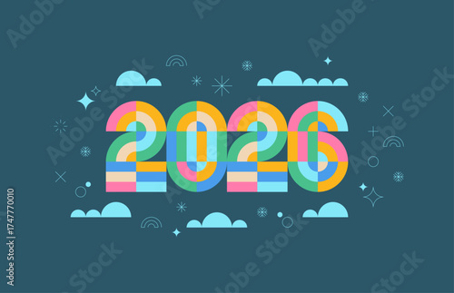 2026 in a colorful and geometrical modern style design, concept illustration for background, header, card,  banner and poster