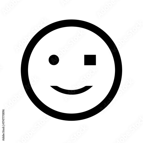 Winking face with a square eye and curved mouth