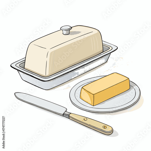 Hand-Drawn Butter Dish, Block of Butter, and Butter Knife Illustration