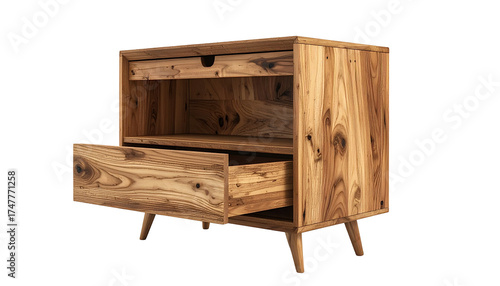 Wooden nightstand with open drawers
