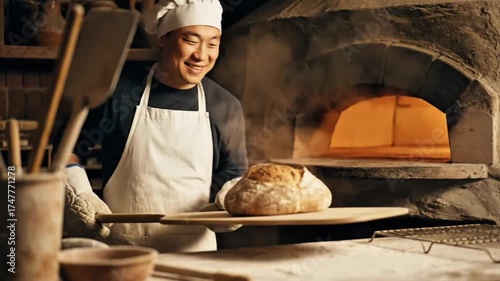 Smiling baker proudly pulls a freshly baked artisan bread loaf from a traditional wood-fired oven using a wooden peel.