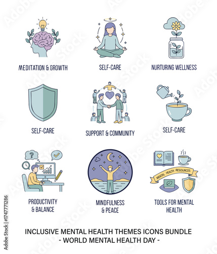  Inclusive Mental Health Themes Icons Bundle - World Mental Health Day