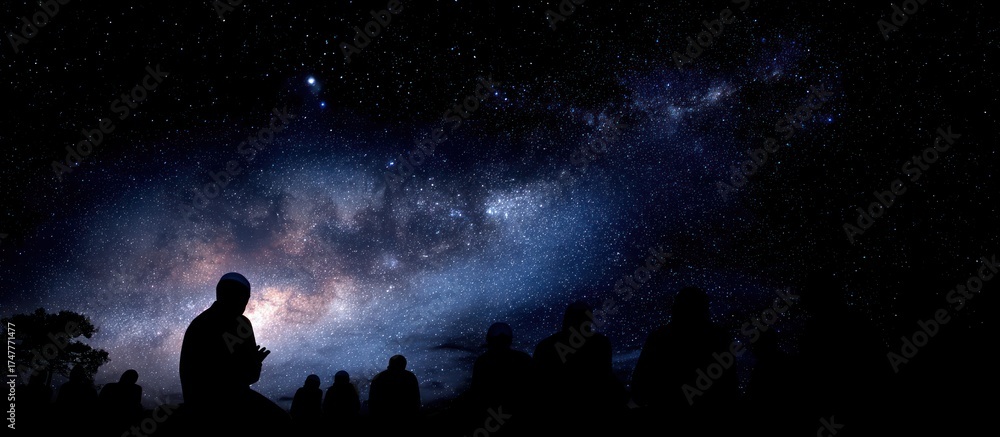Fototapeta premium Silhouetted figures gaze at the night sky, revealing the Milky Way and a celestial display.