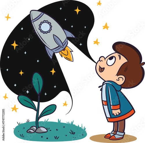 Curious Boy Watching Rocket Launch into Space