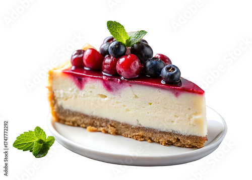 Decadent slice of creamy cheesecake topped with vibrant berries and fresh mint leaves on a white plate