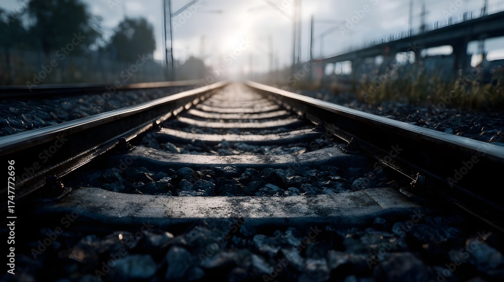 Fototapeta premium Perspective of railway tracks vanishing into a bright hazy distance under dramatic sunlight