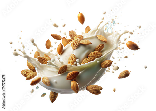 Almonds and creamy white liquid splash frozen in motion against a dark background