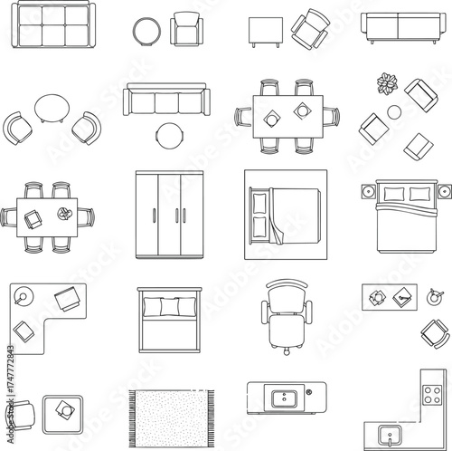 solated a kinds of deferent Furniture outline top view. Floor plan icons set for design interior and architectural project. Furniture thin line icon in top view for layout vector art .