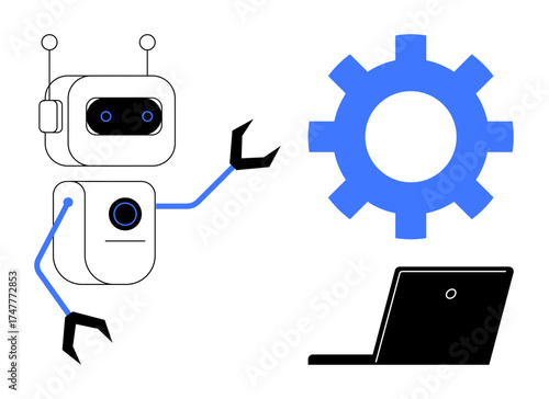 Robot with claw hands interacting with gear and laptop, expressing innovation, AI, robotics, teamwork, problem-solving, digital transformation, and productivity in a simple flat metaphor