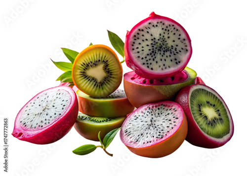 Vibrant assortment of exotic dragon fruit and fresh kiwi slices on a dark background