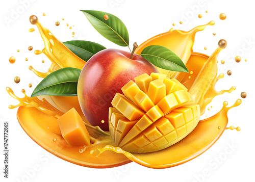 Vibrant mango and red apple splash with juicy pulp and green leaves on black background