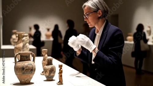 A curator in white gloves meticulously examines ancient pottery artifacts on display in a dimly lit museum gallery.