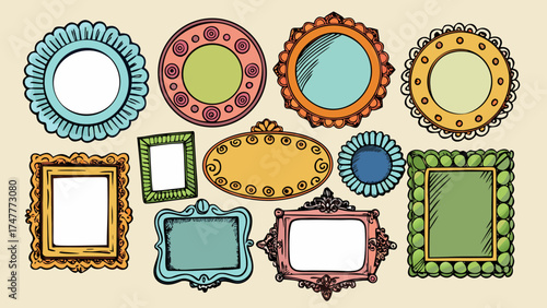 Vector art of collection of hand drawn frames in different shapes and styles on beige
