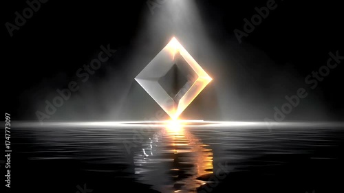 Illuminated diamond-shaped structure, glowing in fog, reflected on rippling water