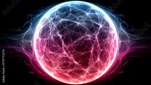 Glowing sphere with luminous network, pulsing with blue and pink energy