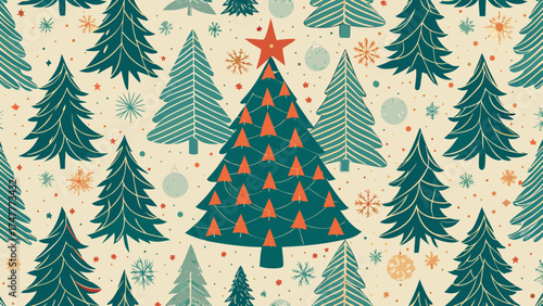 Vector art of seamless pattern with christmas tree in blue and green colors on beige