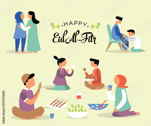 Eid Al Fitr, Family gathering for Eid Al Fitr celebration, Eid Mubarak. Vector Illustration