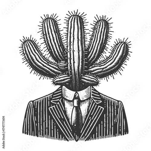 man in a suit with a cactus head, symbolizing resilience, toughness, and unusual creative concepts sketch engraving generative ai vector illustration. Scratch board imitation. Black and white image.