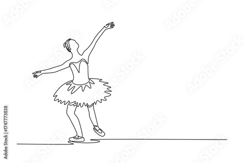 Continuous one line drawing ballerina in low, graceful stance with her arms extended, moment of flowing transition or deep plié in her performance. Single line draw design vector graphic illustration