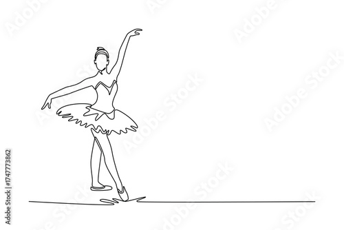 Continuous one line drawing ballerina in a graceful, flowing step with one arm extended high and the other low, moment balanced transition in dance. Single line draw design vector graphic illustration
