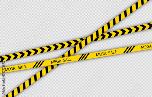 Mega sale banner with yellow tape. Sale border for Black Friday. Caution discount promo ribbon. Template with crossing realistic tapes, discount. Vector illustration.