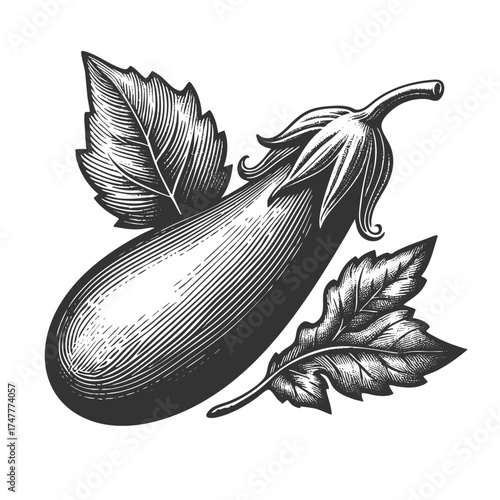 whole eggplant with stem, symbolizing agriculture, cooking, gardening, and fresh organic produce sketch engraving generative ai vector illustration. Scratch board imitation. Black and white image.