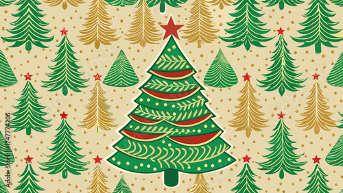 Vector art of seamless pattern of christmas tree with star and decoration on beige background
