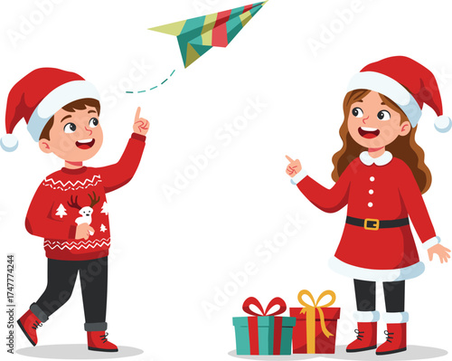 Children launching paper airplane cartoon, festive Christmas clothing illustration, holiday gift boxes, cheerful kids, Santa hats, playful winter scene