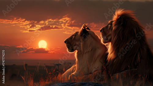 Hyper-realistic animation male and female lions sitting together against sunset