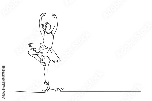 Single continuous line drawing ballerina balancing perfectly pointe with one leg raised and both arms gracefully extended overhead, elegance control. One line draw graphic design vector illustration