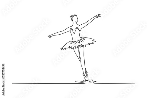Single continuous line drawing ballerina balancing on one foot en pointe with her arms extended, moment of grace and perfect technical balance. Dynamic one line draw graphic design vector illustration