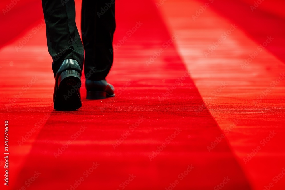 Fototapeta premium Businessman's feet walking down red carpet at important event