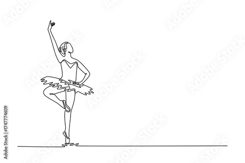 Single one line drawing ballerina balancing perfectly en pointe with one leg raised and arm extended skyward, core strength and vertical grace. Continuous line draw design graphic vector illustration