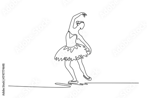 Single continuous line drawing beauty ballerina mid-turn, with her arms and body arched in a graceful, flowing motion, fluid transition of dance step. One line draw graphic design vector illustration