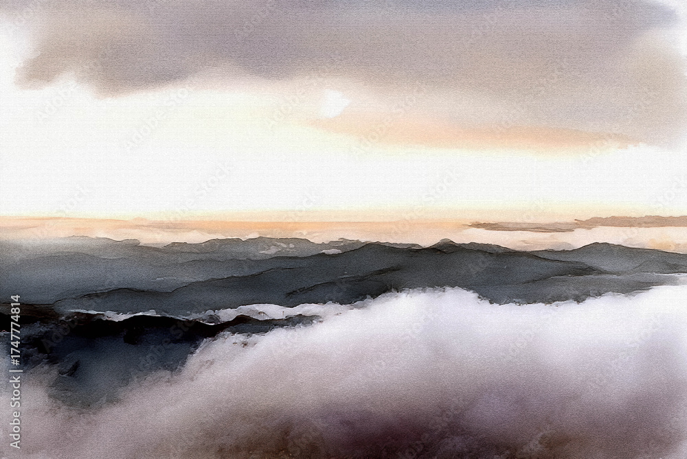 Obraz premium 富士山七合目付近からの雲海と山並み（水墨画風イラスト） / Ink Painting Style Illustration of the Sea of Clouds and Mountains from near Mt. Fuji's 7th Station
